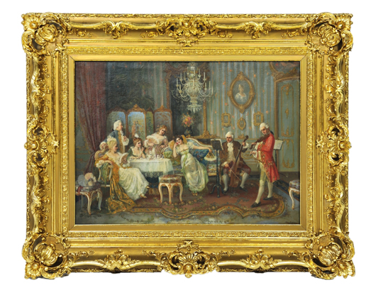 Max Erdman oil on canvas, ‘The Salon Musicians,’ France, late 19th century, 28 1/4 x 38 1/2 inches. Estimate: $1,000-$1,500. Image courtesy of Morton Kuehnert Auctioneers & Appraisers.